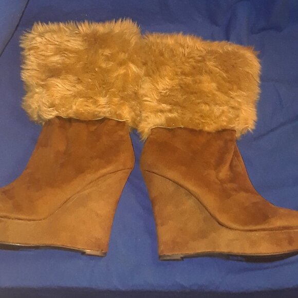 Pointed Toe Platform Wedge Heels Faux Fur Half Boots - Picture 3 of 6